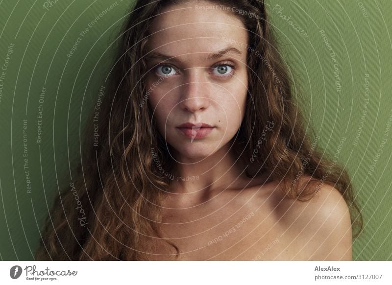 Portrait einer jungen Frau vor grüner Wand Stil schön Wellness Leben Junge Frau Jugendliche 18-30 Jahre Erwachsene brünett langhaarig Locken beobachten Blick