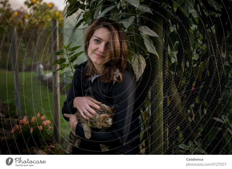 Katzenliebe, die junge Frau hält ihre Katze im Arm feminin Junge Frau Jugendliche 1 Mensch 18-30 Jahre Erwachsene Natur Pflanze Tier Sommer Blume Gras Blatt