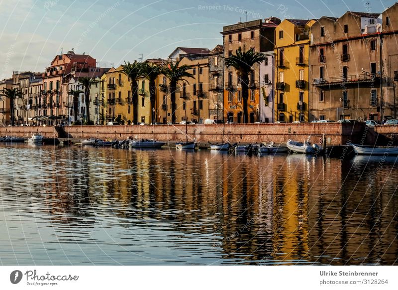 Abend in Bosa Ferien & Urlaub & Reisen Tourismus Ausflug Sightseeing Städtereise Flussufer Insel Sardinien Italien Europa Fischerdorf Kleinstadt Stadt