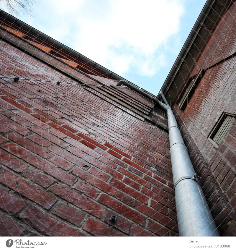 Halswirbelsäulentraining (IX) Himmel Schönes Wetter Hamburg Haus Gebäude Mauer Wand Dach Dachrinne Lüftungsschacht Fallrohr Backstein Backsteinwand Stein Linie