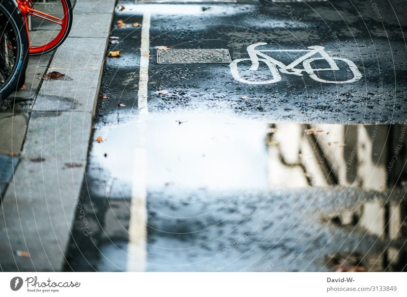 Radweg Fahrrad Fahrradweg Fahrradfahren wege Pfütze Spiegelung Fahrradtour Straße Verkehr Straßenverkehr Außenaufnahme Verkehrsmittel Menschenleer Stadt