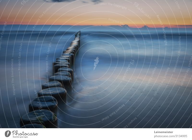Buhne an der Ostsee kurz vor Sonnenaufgang mit Wolken am Horizont Ostseestrand Usedom Langzeitbelichtung Morgen Holz Pfähle Wasser Meer Morgenstimmung Morgenrot