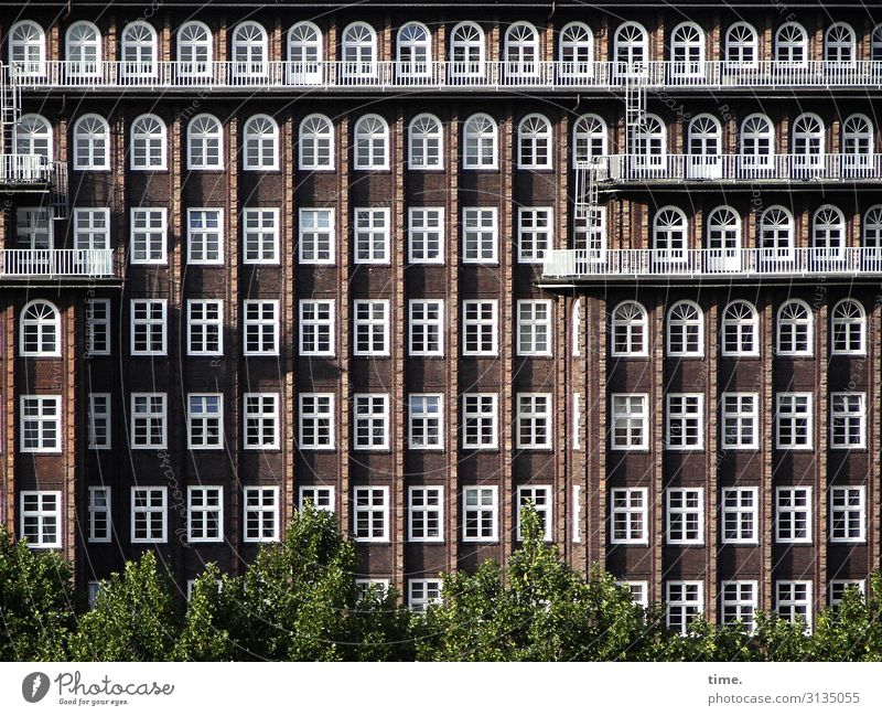 Nachbarschaften (VI) Häusliches Leben Baum Haus Hochhaus Mauer Wand Balkon Fenster Backstein Backsteinfassade Backsteinhaus Macht Ordnungsliebe Stolz Design