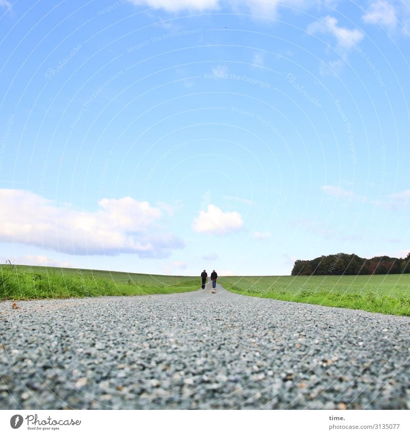 mal wieder reden maskulin Mann Erwachsene 2 Mensch Umwelt Natur Landschaft Himmel Wolken Horizont Schönes Wetter Feld Wald Wege & Pfade Schotterweg Kies