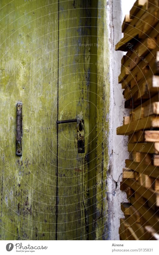 griffbereit Dorf Haus Hütte Bauernhof Landhaus Tür Holzstapel Brennholz alt dunkel hässlich viele braun grün Warmherzigkeit gewissenhaft Ordnungsliebe