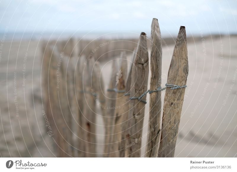 Eine Nahaufnahme eines Holzzauns auf einer Düne an der holländischen Küste Strand Meer Scheveningen Niederlande Menschenleer Zaun Zaunpfahl blau braun gelb