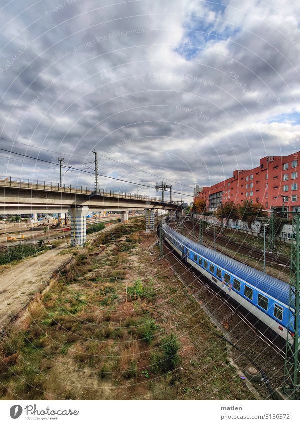 Verkehrswege Hauptstadt Menschenleer Haus Hochhaus Brücke Schienenverkehr Bahnfahren Eisenbahn Personenzug Hochbahn Gleise blau braun grün rot weiß Berlin