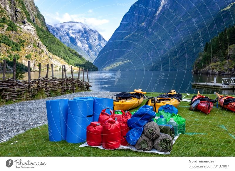 Mit dem Kanu unterwegs auf dem Fjord Lifestyle Ferien & Urlaub & Reisen Abenteuer Expedition Meer Sport Wassersport Natur Landschaft Sommer Schönes Wetter Gras