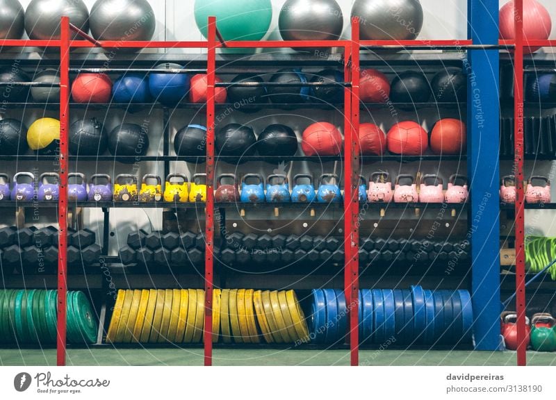 Regale mit Sportgeräten im Innenbereich Ball Fitness Sporthalle Kettlebells Medizinball Hantel Hantelscheiben Pilatesball Kasten Wandkugel durchkreuzen passen