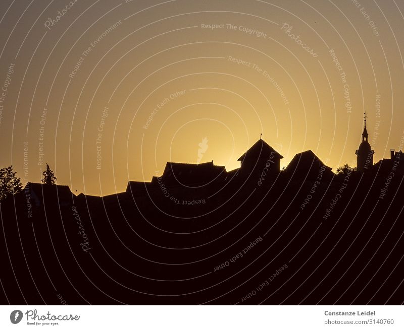 Sonnenaufgang über Marbach Marbach am Neckar Kleinstadt Stadtrand Altstadt Skyline Menschenleer Haus Kirche Bauwerk Gebäude historisch gelb gold orange schwarz