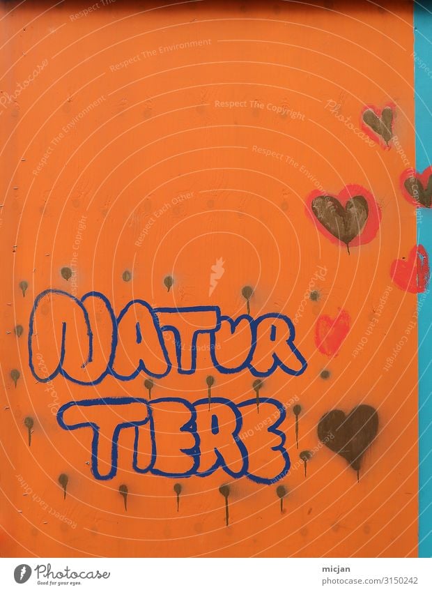 Natur Tiere Kunst Maler Kunstwerk Mauer Wand Schriftzeichen Graffiti natürlich Stadt blau mehrfarbig orange Kreativität Leben Liebe Umwelt Herz Text