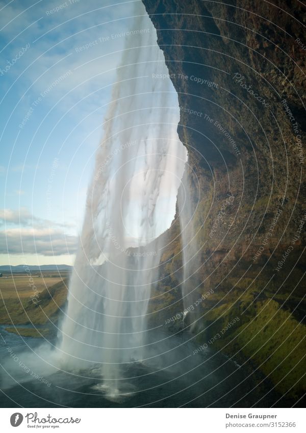 View behind a waterfall on Iceland Ferien & Urlaub & Reisen Tourismus Sightseeing Sommer Umwelt Natur Landschaft Wasser Klima Schönes Wetter Wasserfall Kraft