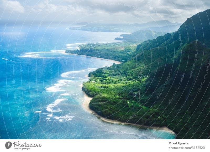 Luftaufnahme der abrupten und grünen Napaliküste in Kauai, USA schön Ferien & Urlaub & Reisen Sommer Strand Meer Insel Berge u. Gebirge Garten Natur Landschaft