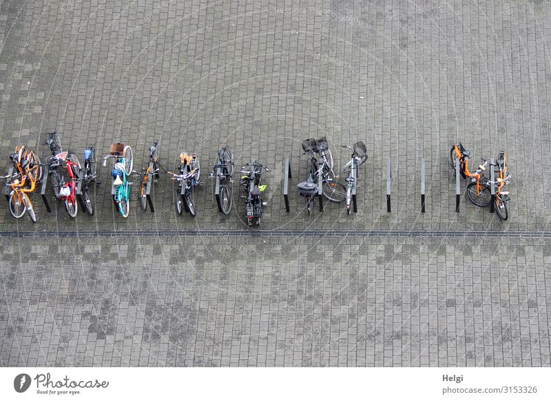 viele Fahrräder stehen angeschlossen auf einem großen gepflasterten Platz, Vogelperspektive Hamburg Verkehrsmittel Fahrradfahren Fahrradständer Fahrradparkplatz