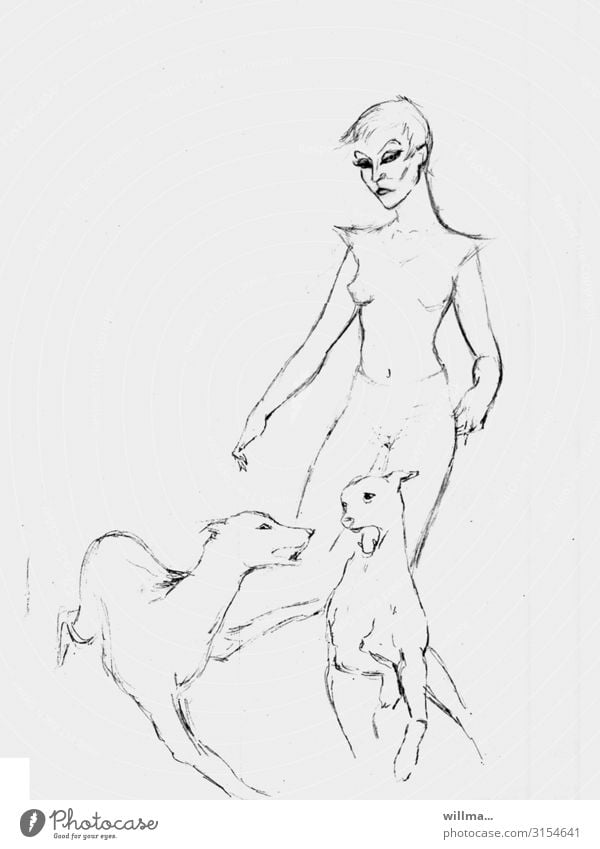 Skizze einer Frau mit zwei Hunden Zeichnung Entwurf Grafik u. Illustration feminin 2 Hundehalterin Kunst dominant Textfreiraum Hintergrund neutral sw