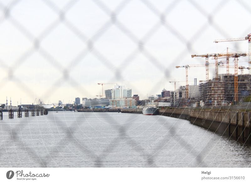 Blick durch einen Zaun auf die Elbe, Gebäude und Kräne einer Baustelle am Ufer Flussufer Hamburg Hafenstadt Bauwerk Architektur bauen stehen authentisch maritim