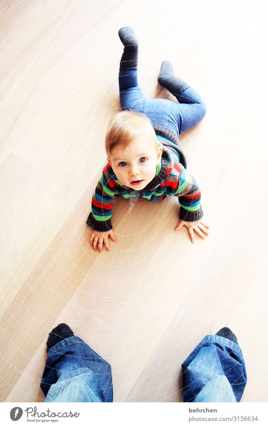 groß und klein Farbfoto Porträt Innenaufnahme 0-12 Monate Liebe Gesicht Junge Mutter Vater Familie & Verwandtschaft Kindheit Baby blaue augen staunen krabbeln