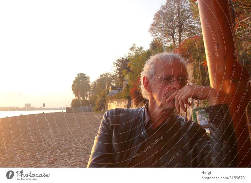 männlicher Senior sitzt nachdenklich in der Abendsonne am Elbstrand Mensch maskulin Mann Erwachsene Männlicher Senior 1 45-60 Jahre Umwelt Natur Landschaft