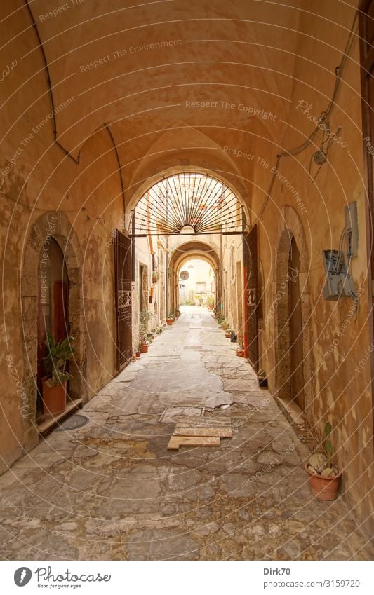 Enge Gasse in Siracusa Häusliches Leben Wohnung Syrakus Sizilien Italien Stadt Stadtzentrum Altstadt Menschenleer Haus Mauer Wand Eingang Hof Hinterhof Gang