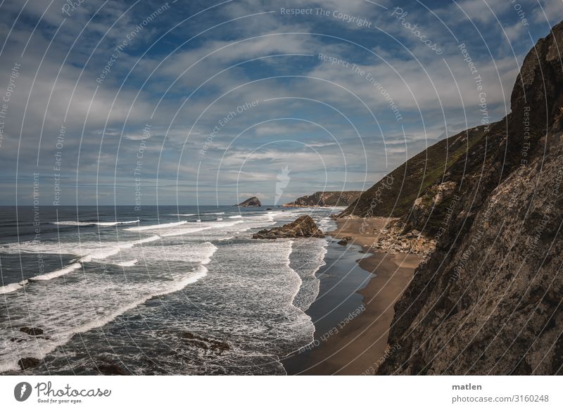 Steilkueste Natur Landschaft Luft Wasser Himmel Wolken Horizont Sommer Schönes Wetter Wind Felsen Wellen Küste Strand Meer eckig maritim blau braun weiß Klippe