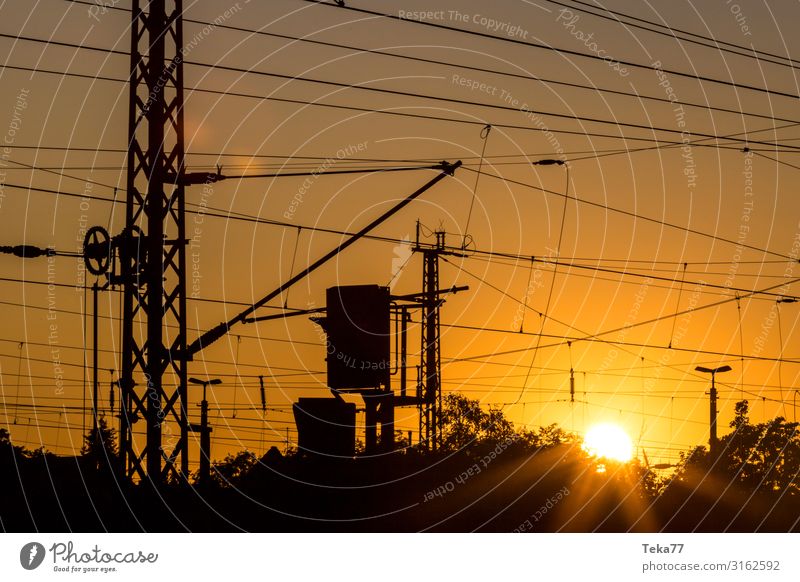 Sonnenuntergangsbahnanlagen Verkehr Verkehrsmittel Verkehrswege Schienenverkehr Bahnfahren Eisenbahn ästhetisch Oberleitung Farbfoto Außenaufnahme Abend