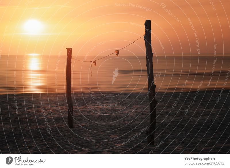 Sommerlicher Sonnenuntergang über dem Strand- und Volleyballnetz. Sylter Inselstrand Freude Erholung Ferien & Urlaub & Reisen Sommerurlaub Natur Landschaft Sand