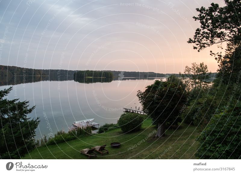 Morgens am Pinnower See Ferien & Urlaub & Reisen Tourismus Sommerurlaub Natur Landschaft Wasser Himmel Schönes Wetter Garten Seeufer Ruderboot Erholung blau