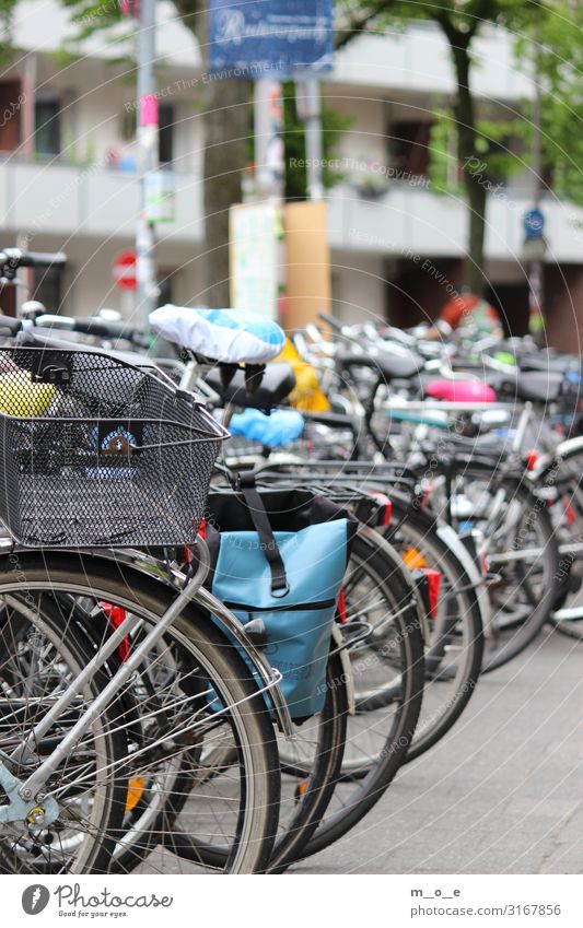 Fahrräder in Münster Fahrradtour Frühling Sommer Stadt Stadtzentrum bevölkert Fahrradfahren Straße Verkehrszeichen Verkehrsschild Stein warten authentisch