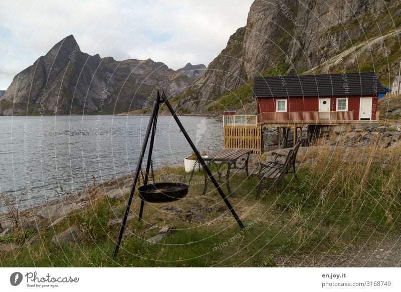 schönes Plätzchen Lifestyle Freizeit & Hobby Ferien & Urlaub & Reisen Haus Garten Natur Landschaft Herbst Gras Felsen Berge u. Gebirge Küste Fjord Hamnöy Reine