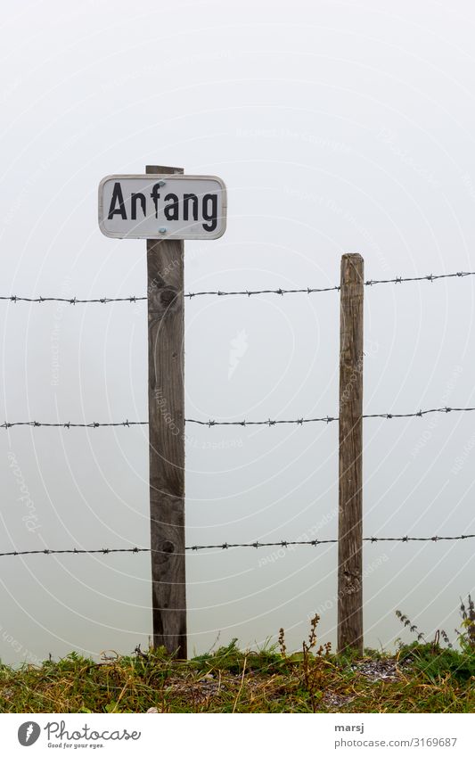 Wochen-Anfang Nebel Stacheldrahtzaun Schilder & Markierungen Beginn Holzpfahl Hinweisschild Warnschild gruselig Warnhinweis bedrohlich Ausgrenzung Farbfoto