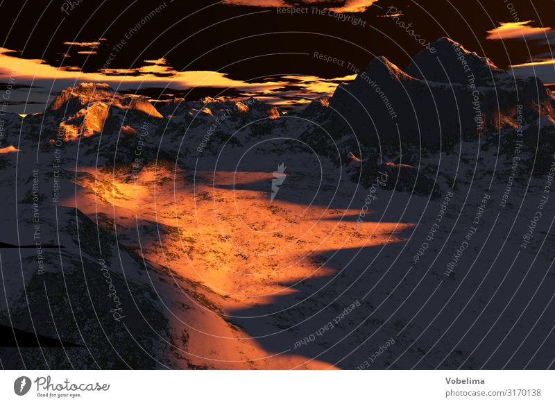 Gerenderte Aufnahme: Berglandschaft in der Dämmerung Landschaft Wolken mehrfarbig gelb gold grau orange rosa rot schwarz Experiment Menschenleer