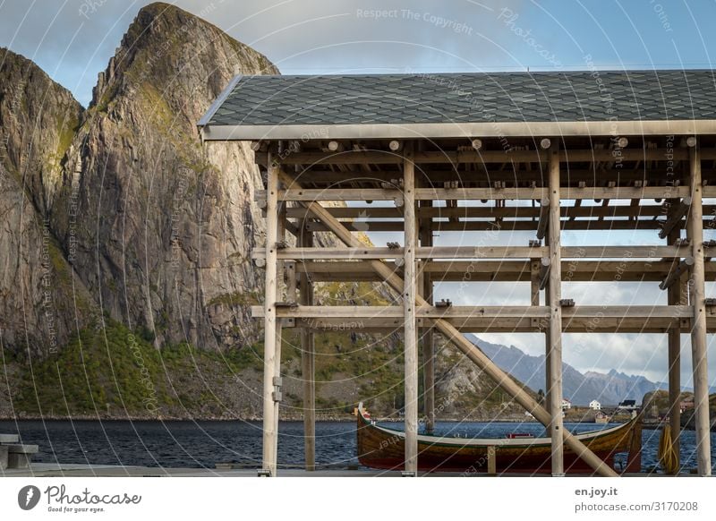 Bootshaus Ferien & Urlaub & Reisen Umwelt Natur Landschaft Felsen Berge u. Gebirge Fjord Lofoten Norwegen Skandinavien Reine Reinefjorden Hamnöy Fischerdorf