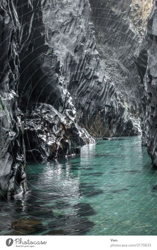 Gole dell'Alcantara Natur Wasser Felsen Fluss Schlucht dunkel nass blau grau Farbfoto Gedeckte Farben Außenaufnahme Menschenleer Tag Starke Tiefenschärfe Totale