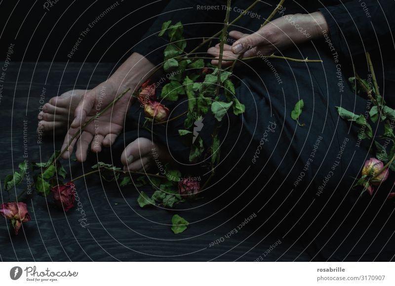 Ende einer Liebe | Weltschmerz Frau Erwachsene Blume Rose Treppe Blumenstrauß fallen Traurigkeit weinen dunkel schwarz Gefühle Trauer Tod Liebeskummer Schmerz