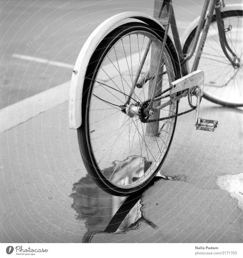 Pfütze Budapest Ungarn Europa Hauptstadt Straße Fahrrad Stahl fahren grau schwarz Schwarzweißfoto Außenaufnahme