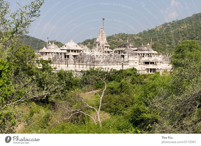 Jain-Tempel in Ranakpur - Rajasthan Ferien & Urlaub & Reisen Tourismus Ferne Sommer Sommerurlaub Landschaft Pflanze Wolkenloser Himmel Sträucher Urwald Hügel