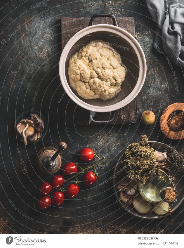 Blumenkohl in Kochtopf Lebensmittel Gemüse Ernährung Bioprodukte Vegetarische Ernährung Diät Geschirr Topf Stil Gesunde Ernährung Küche Design Hintergrundbild