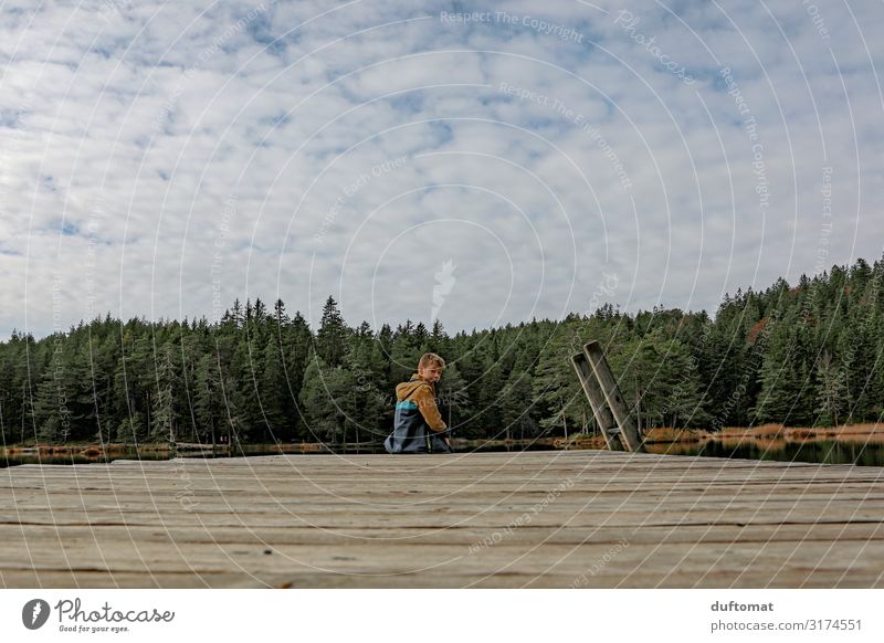 Can you hear the silence? maskulin Junge Kindheit 1 Mensch 8-13 Jahre Umwelt Natur Landschaft Wasser Wolken Horizont Herbst Baum Alpen Küste Seeufer Stimmung