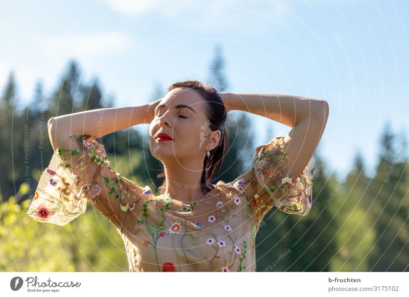 Natur genießen Frau Erwachsene Gesicht 1 Mensch Himmel Sommer Sträucher Park Kleid schwarzhaarig Erholung träumen Glück Fröhlichkeit Zufriedenheit Lebensfreude