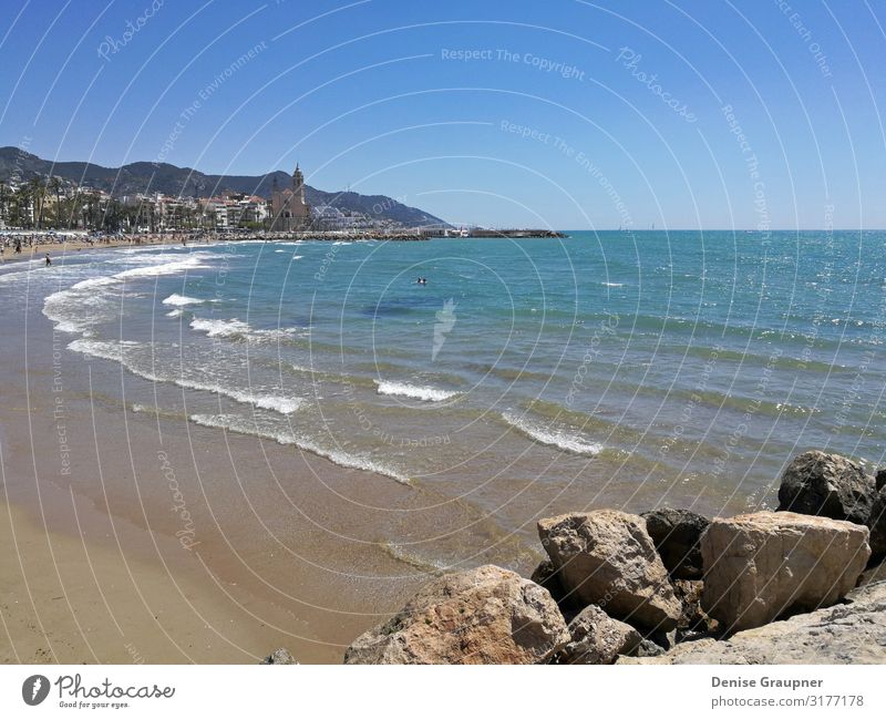 Beach and sea in Sitges Spain overlooking the church Ferien & Urlaub & Reisen Tourismus Ausflug Abenteuer Freiheit Sommer Strand Umwelt Natur Landschaft Wasser