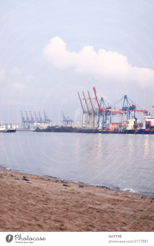 Övelgönne gegenüber | UT Hamburg Landschaft Sand Wasser Himmel Wolken Herbst Schönes Wetter Flussufer Strand Hafenstadt Stadtrand Menschenleer Verkehrswege