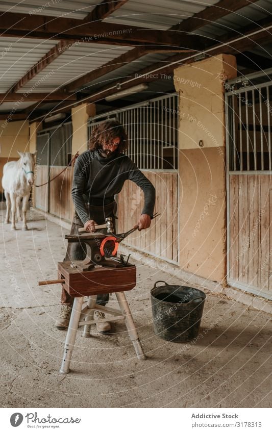 Schmiedeschmiede Hufeisen in der Nähe des Stalls Hufschmied Hammerschmiede Pferdestall Ranch Amboss Handwerk Eisen Zange heiß Mann Erwachsene professionell