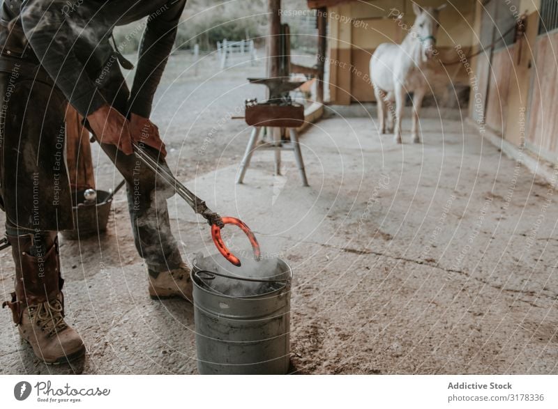 Schmiedeschmiede Hufeisen in der Nähe des Stalls Hufschmied Hammerschmiede Pferdestall Ranch Amboss Handwerk Eisen Zange heiß Mann Erwachsene professionell