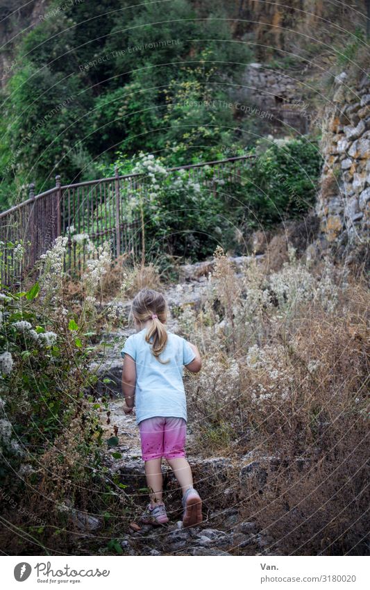 Treppauf Ferien & Urlaub & Reisen Kleinkind Mädchen 1 Mensch 1-3 Jahre Natur Pflanze Baum Sträucher Felsen Mauer Wand Treppe Geländer Wege & Pfade wandern klein