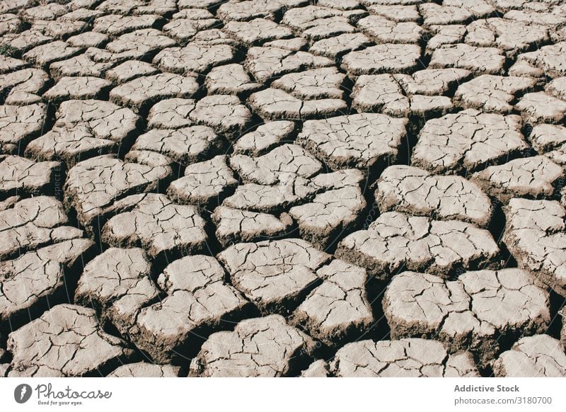 Risse auf trockenem Boden regenarm Landschaft Natur Dürre Erde heiß Sonnenstrahlen Tag Umwelt Landen Klima Ton Oberfläche Wetter Erwärmung kahl Erosion rau