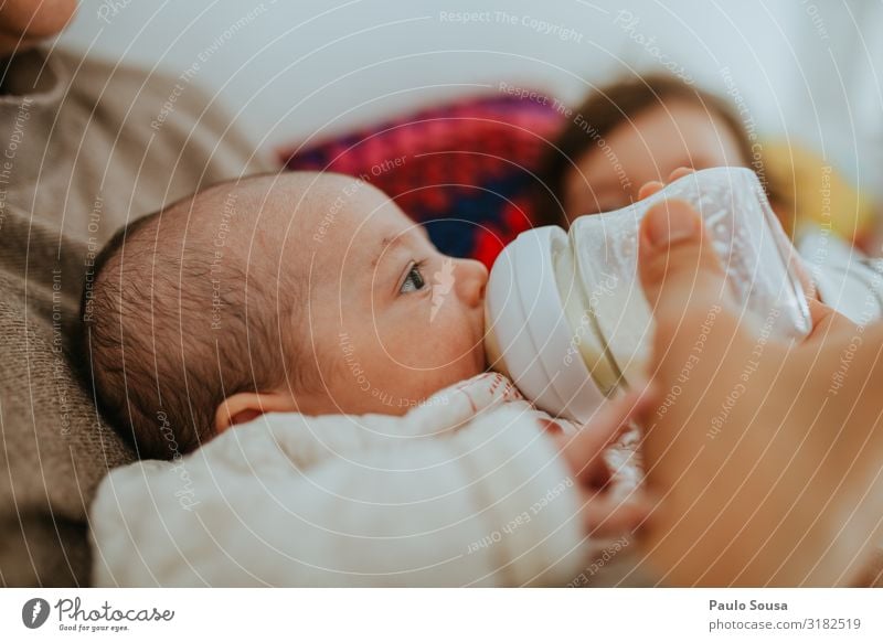 Nahaufnahme Mutter Flasche Flasche füttern Baby Lifestyle Mensch Kind Erwachsene 0-12 Monate Essen Fressen genießen Kommunizieren Liebe authentisch Zusammensein