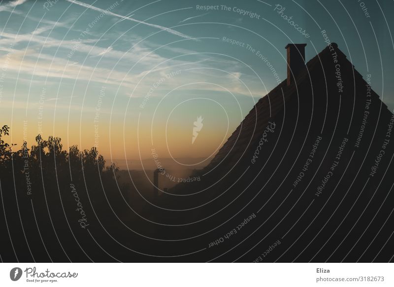 Nebeldach Dach Schornstein schwarz Nebelschleier Nebelstimmung Landschaft Himmel Morgendämmerung Kondensstreifen Farbfoto Gedeckte Farben Außenaufnahme