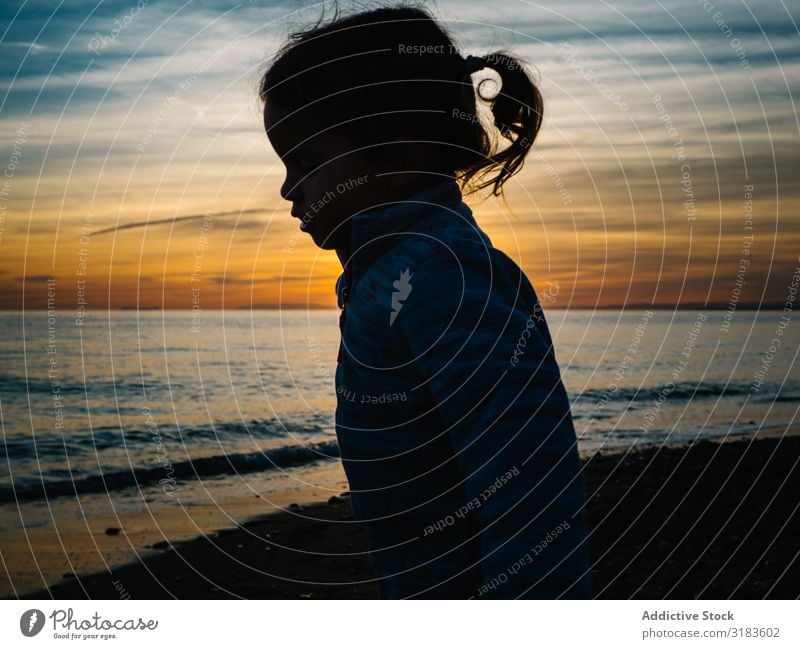 kleine Mädchensilhouette am Strand Sonnenuntergang Silhouette Kind Außenaufnahme Natur Mensch Glück Sommer Wasser Lifestyle Fröhlichkeit Freude