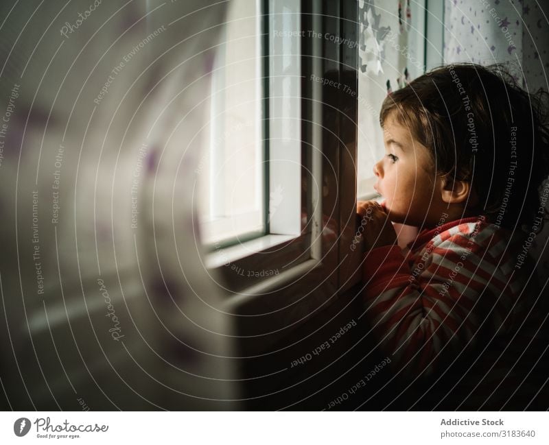 Kind schaut durchs Fenster. Peering klein Tag Blick Unwetter heimwärts beobachten Mensch Regen Außenaufnahme Einsamkeit Haus Innenaufnahme Licht Glas Ausdruck