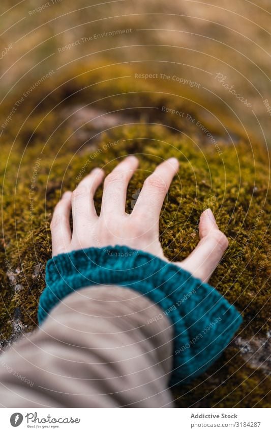 Frau Hand auf Moos berühren Stein ländlich Freiheit Ferien & Urlaub & Reisen Abenteuer Natur ruhen Ausflug Freizeit & Hobby Lifestyle Tourist wild Umwelt